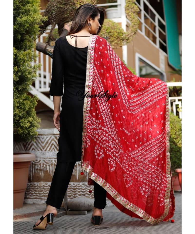 Mukta Fashion Jaipur Women's Solid Straight Kurta Pant with Silk Bandhej Dupatta Set-Black