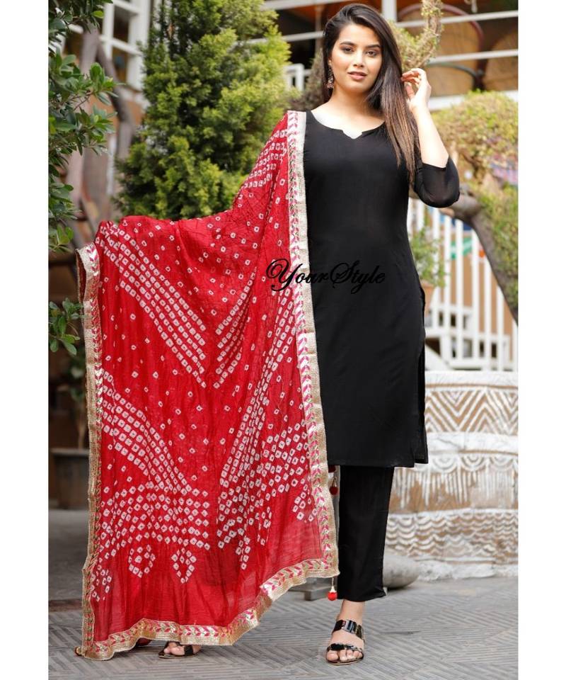 Mukta Fashion Jaipur Women's Solid Straight Kurta Pant with Silk Bandhej Dupatta Set-Black