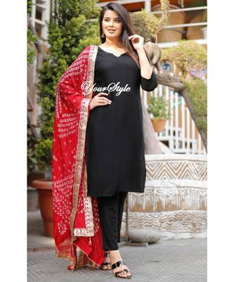 Mukta Fashion Jaipur Women's Solid Straight Kurta Pant with Silk Bandhej Dupatta Set-Black 5