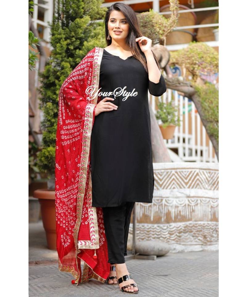 Mukta Fashion Jaipur Women's Solid Straight Kurta Pant with Silk Bandhej Dupatta Set-Black