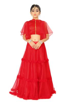 Kids Red Net With Satin Readymade Lehenga Choli  1