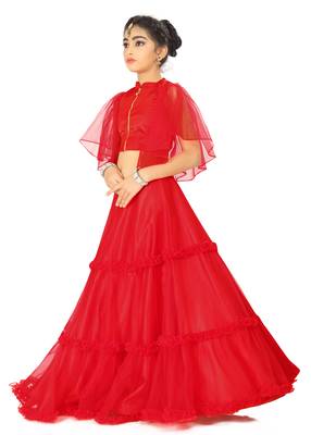 Kids Red Net With Satin Readymade Lehenga Choli  2