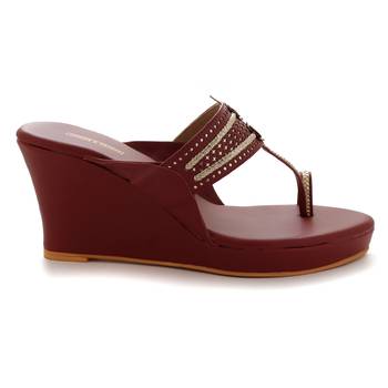 Maroon Laser Cut Faux Leather Kolhapuri Wedges For Women By Trends & Trades  2