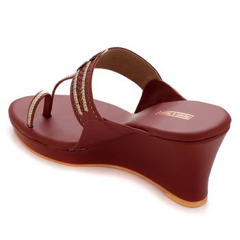 Maroon Laser Cut Faux Leather Kolhapuri Wedges For Women By Trends & Trades  4