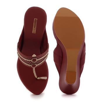 Maroon Laser Cut Faux Leather Kolhapuri Wedges For Women By Trends & Trades  5