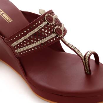 Maroon Laser Cut Faux Leather Kolhapuri Wedges For Women By Trends & Trades  6