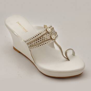 White Laser Cut Faux Leather Kolhapuri Wedges For Women By Trends & Trades  1