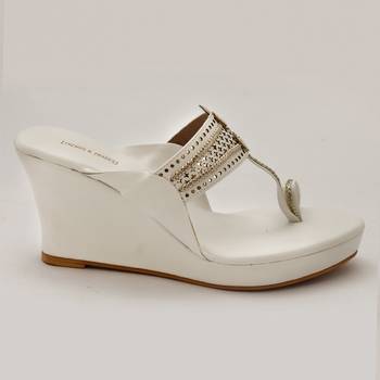 White Laser Cut Faux Leather Kolhapuri Wedges For Women By Trends & Trades  2