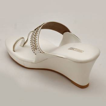 White Laser Cut Faux Leather Kolhapuri Wedges For Women By Trends & Trades  3