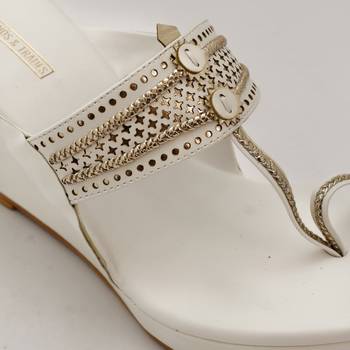 White Laser Cut Faux Leather Kolhapuri Wedges For Women By Trends & Trades  5