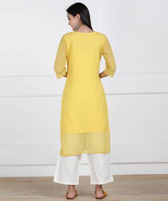 SWAGG INDIA Women's Wear Lucknowi Chikankari Needlecraft Faux Georgette Regular Wear Yellow Kurti Kurta 2