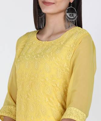 SWAGG INDIA Women's Wear Lucknowi Chikankari Needlecraft Faux Georgette Regular Wear Yellow Kurti Kurta 3