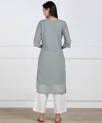 SWAGG INDIA Women's Wear Lucknowi Chikankari Needlecraft Faux Georgette Regular Wear Grey Kurti Kurta 2