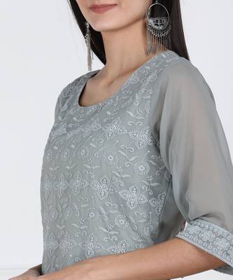 SWAGG INDIA Women's Wear Lucknowi Chikankari Needlecraft Faux Georgette Regular Wear Grey Kurti Kurta 4