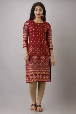 Maroon  Printed Rayon Kurtas And Kurtis 1