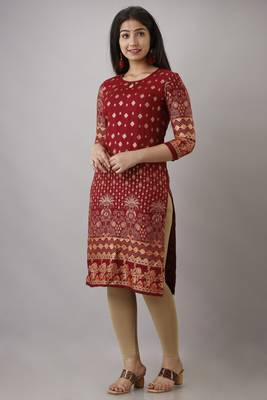 Maroon  Printed Rayon Kurtas And Kurtis 3