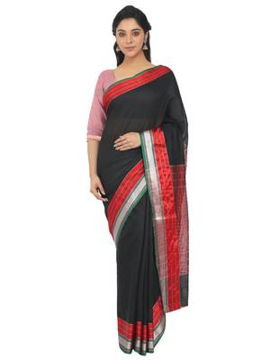 Black Plain Cotton Silk Saree With Blouse 1