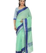 Sea Green Plain Cotton Silk Saree With Blouse