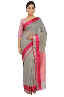 Grey Plain Cotton Silk Saree With Blouse