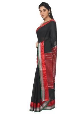 Black Plain Cotton Silk Saree With Blouse 2