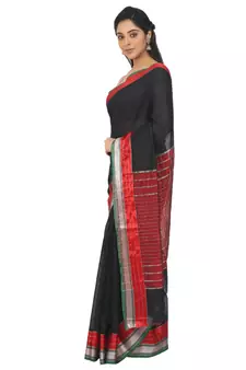 Black Plain Cotton Silk Saree With Blouse