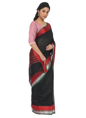 Black Plain Cotton Silk Saree With Blouse 3