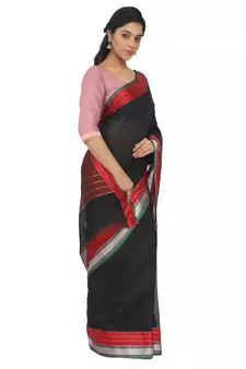 Black Plain Cotton Silk Saree With Blouse