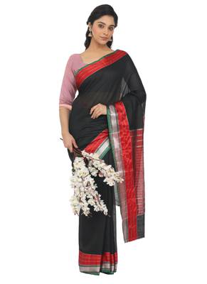 Black Plain Cotton Silk Saree With Blouse 4