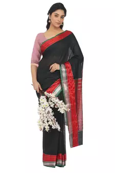 Black Plain Cotton Silk Saree With Blouse