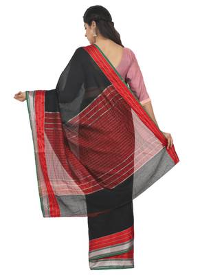 Black Plain Cotton Silk Saree With Blouse 5