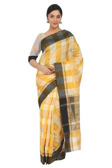 Yellow Plain Cotton Silk Saree With Blouse