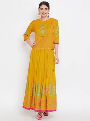 Yoke top block printed top skirt set 1