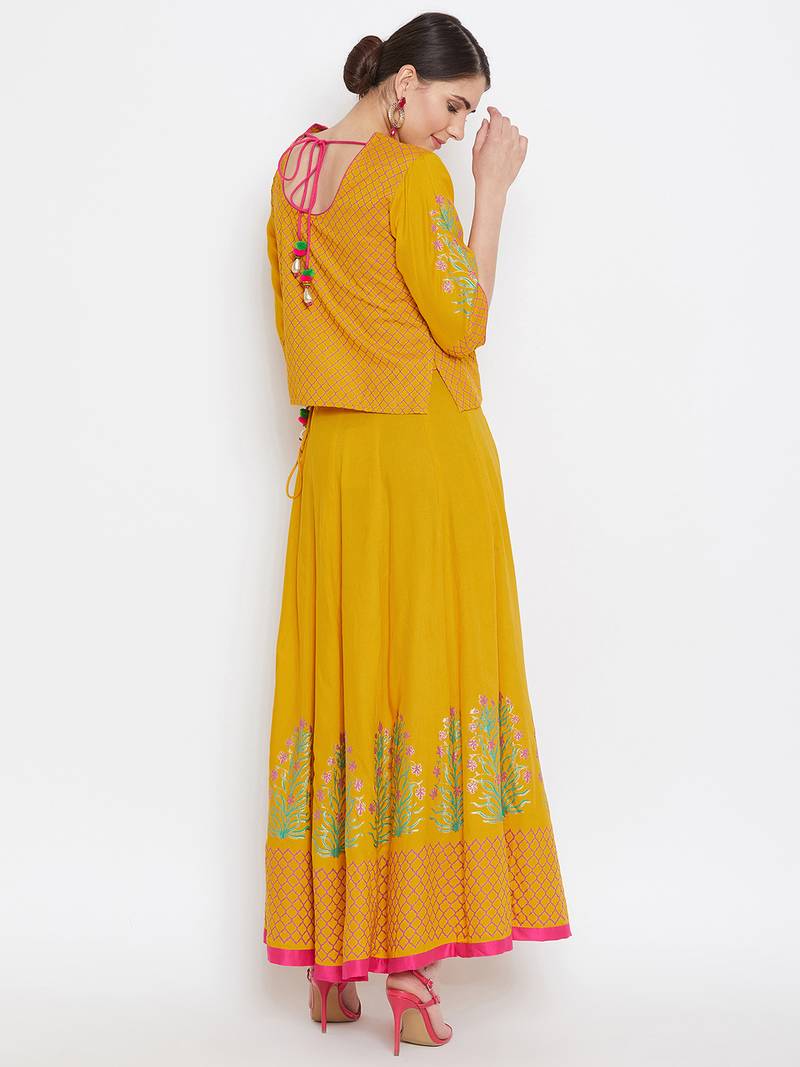 Yoke top block printed top skirt set