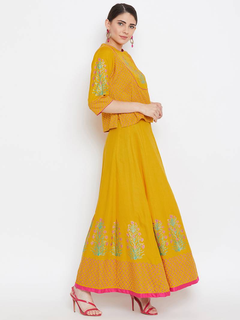 Yoke top block printed top skirt set