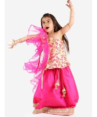 Kid1 Pari Peplum  Embroidered Top With Fuschia Lehenga And Net Frill Dupatta 1