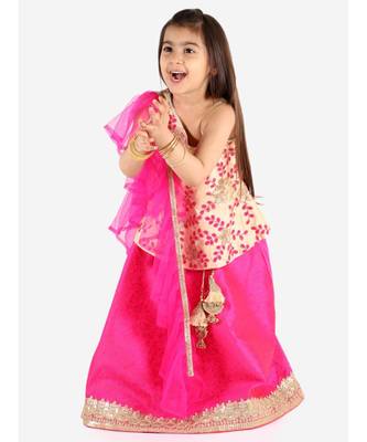 Kid1 Pari Peplum  Embroidered Top With Fuschia Lehenga And Net Frill Dupatta 2