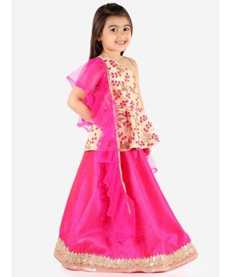 Kid1 Pari Peplum  Embroidered Top With Fuschia Lehenga And Net Frill Dupatta 5