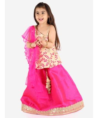 Kid1 Pari Peplum  Embroidered Top With Fuschia Lehenga And Net Frill Dupatta 7