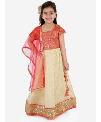 Kid1 Serena Gold Thread Embroidered Top With Jaquard Lehenga And Net  Dupatta 1