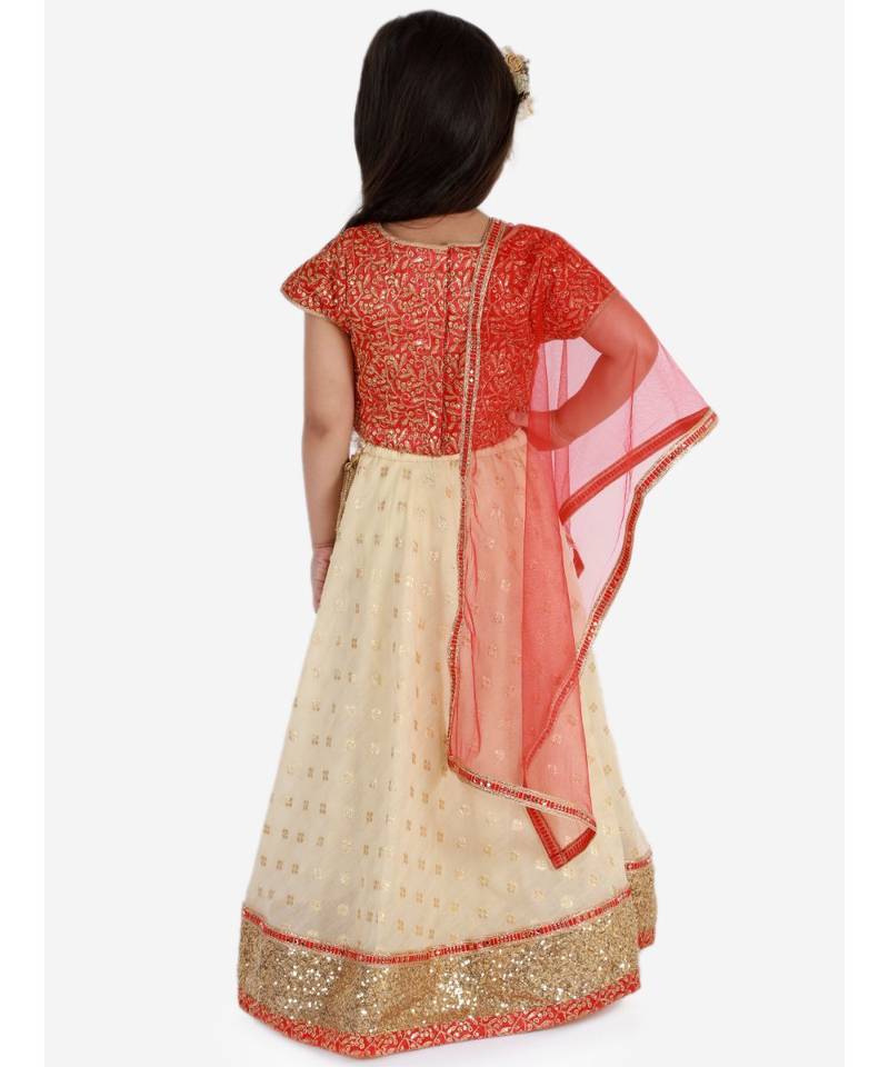 Kid1 Serena Gold Thread Embroidered Top With Jaquard Lehenga And Net  Dupatta