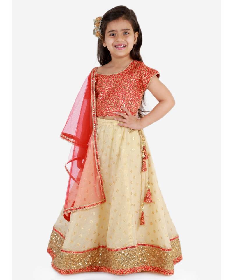 Kid1 Serena Gold Thread Embroidered Top With Jaquard Lehenga And Net  Dupatta