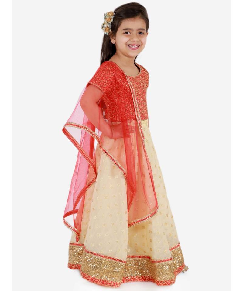 Kid1 Serena Gold Thread Embroidered Top With Jaquard Lehenga And Net  Dupatta