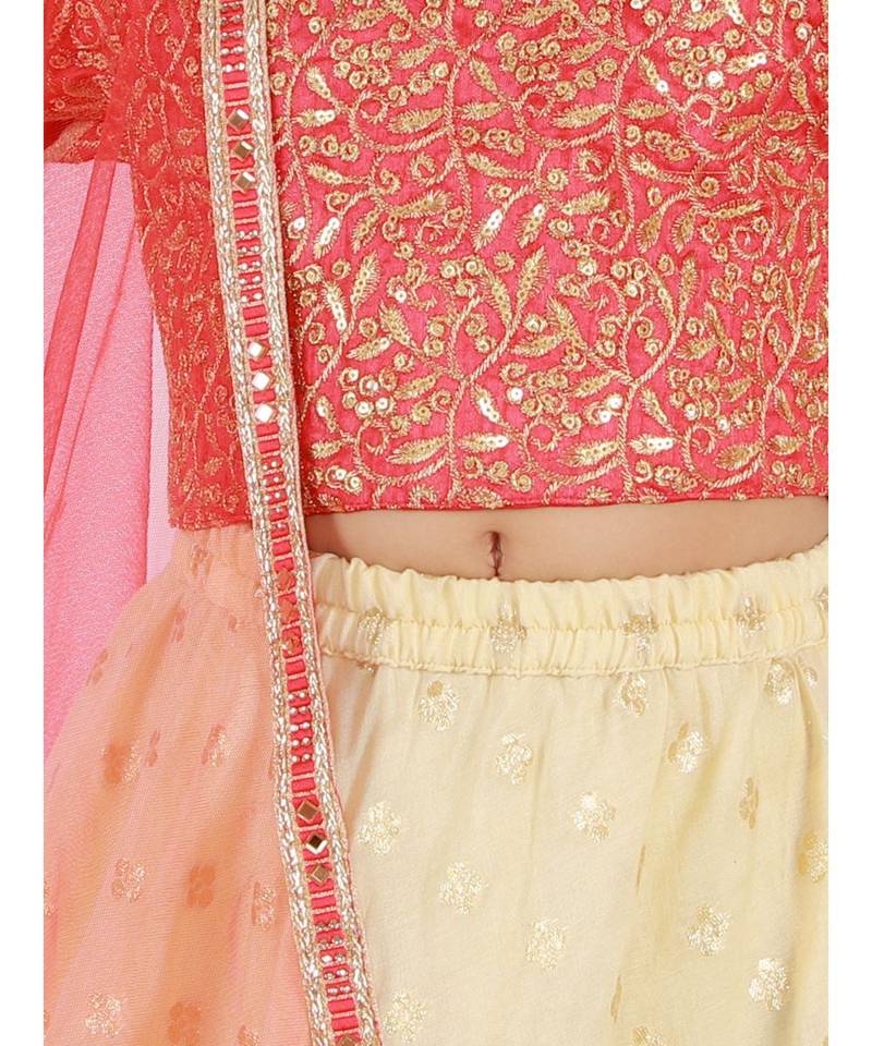 Kid1 Serena Gold Thread Embroidered Top With Jaquard Lehenga And Net  Dupatta