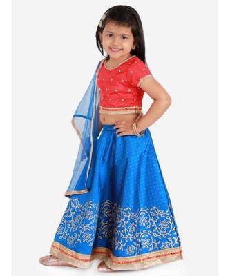 Kid1 Rosa Blue Short Choli  With Gold Print Lehenga And Net Dupatta 1