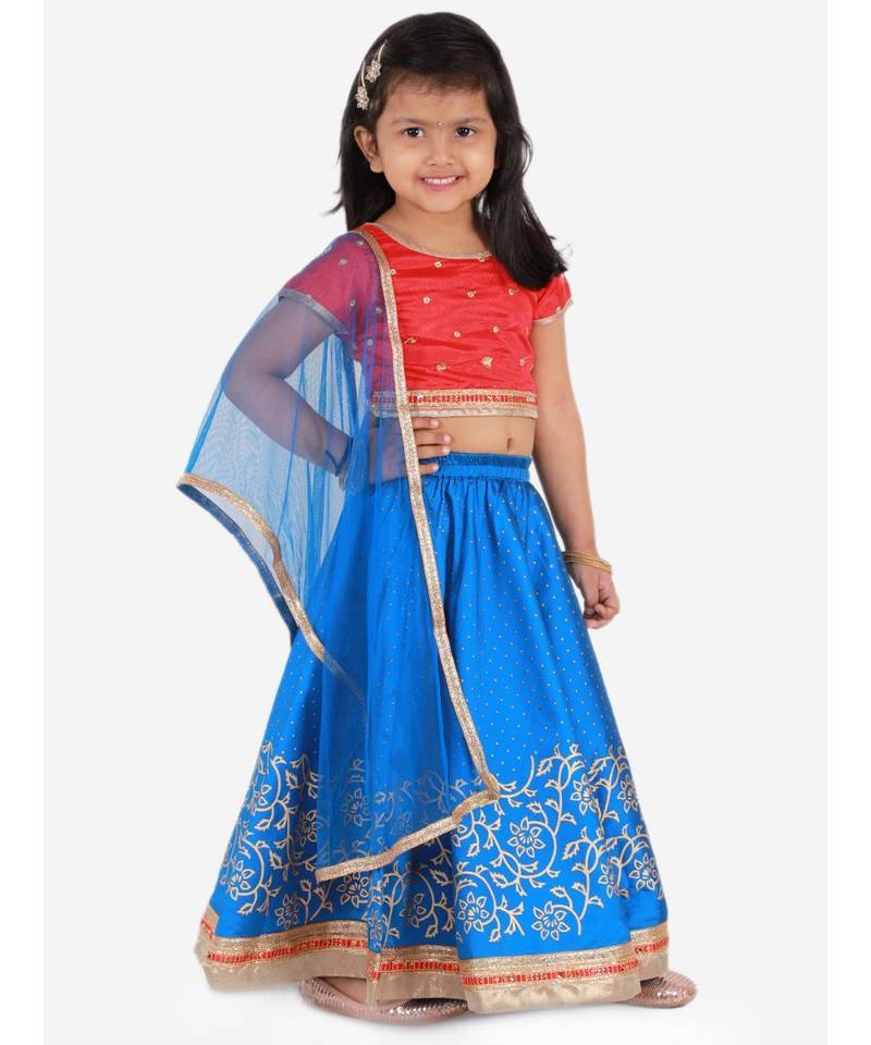 Kid1 Rosa Blue Short Choli  With Gold Print Lehenga And Net Dupatta