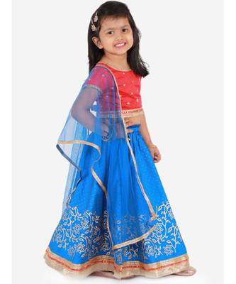 Kid1 Rosa Blue Short Choli  With Gold Print Lehenga And Net Dupatta 3