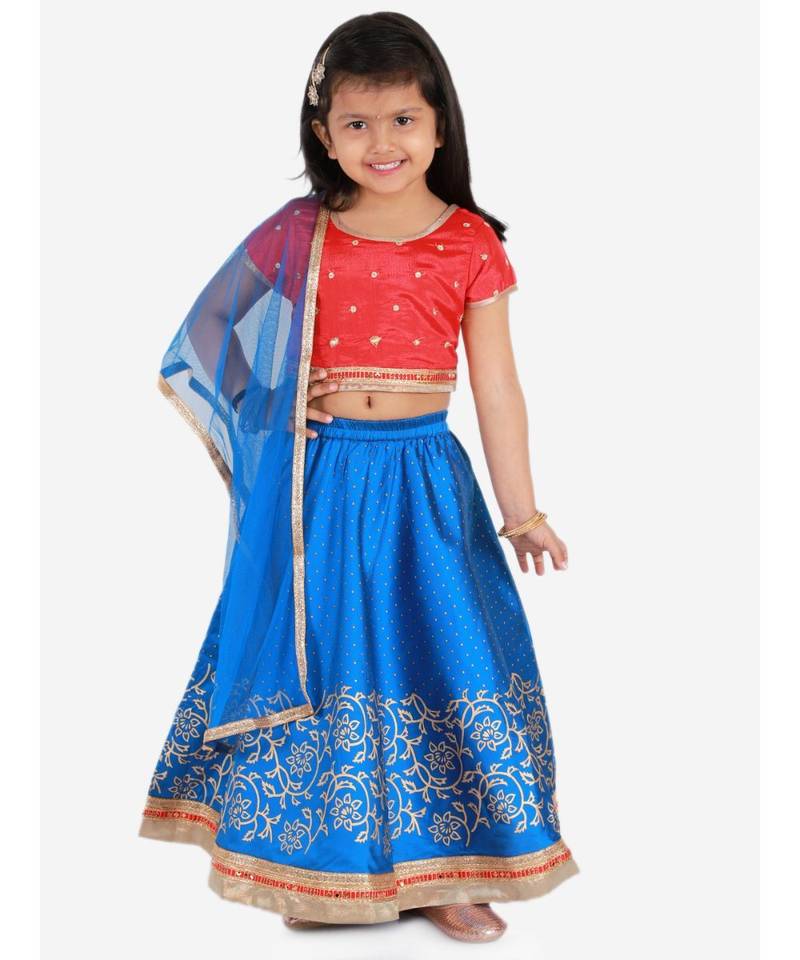 Kid1 Rosa Blue Short Choli  With Gold Print Lehenga And Net Dupatta
