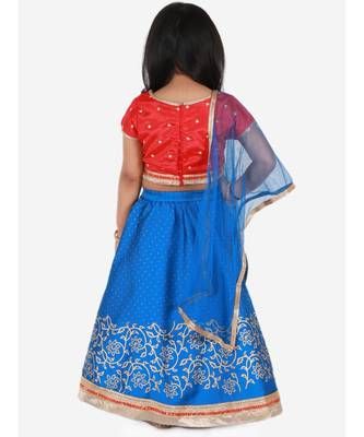 Kid1 Rosa Blue Short Choli  With Gold Print Lehenga And Net Dupatta 5