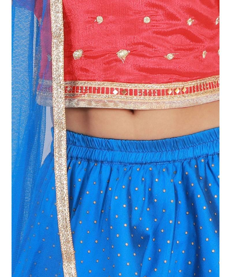 Kid1 Rosa Blue Short Choli  With Gold Print Lehenga And Net Dupatta