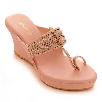 Pink Laser Cut Faux Leather Kolhapuri Wedges For Women By Trends & Trades  1